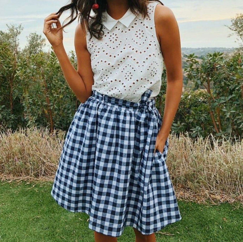 Modcloth Retro Gingham Check Skirt Blue White Medium Cotton Preppy
